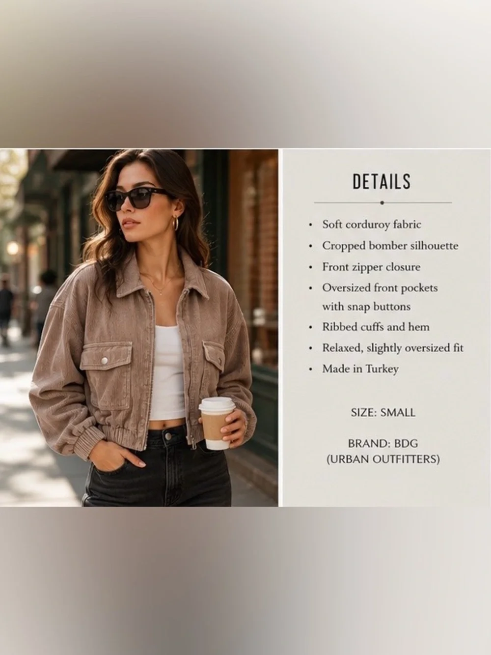 ✨BDG Urban Outfitters Cropped Corduroy Bomber Jacket • Taupe Beige✨ - Picture 5 of 5